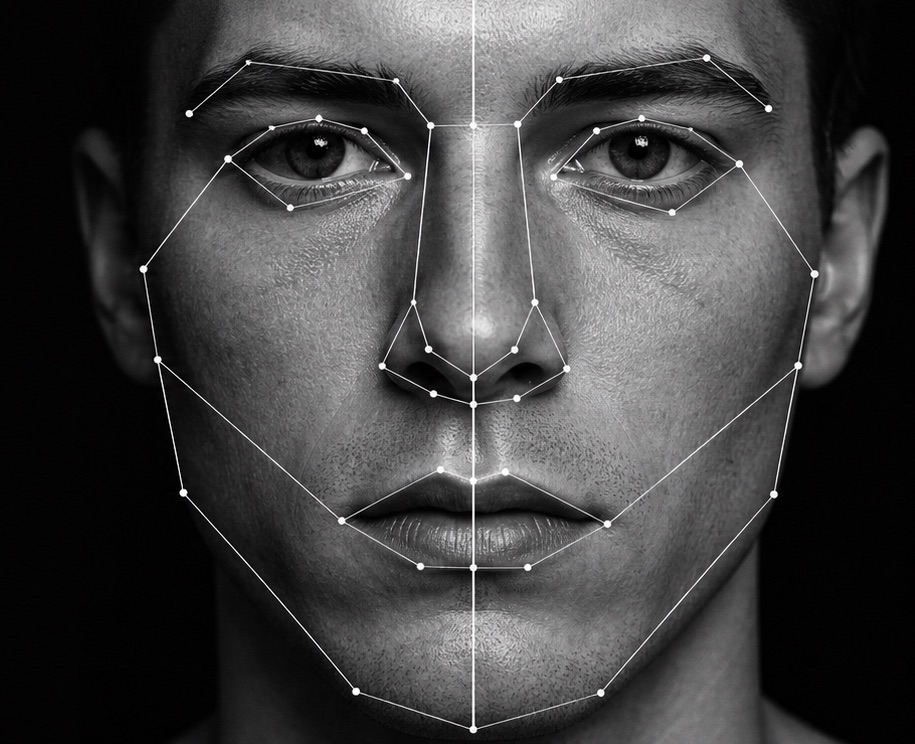 A front-facing portrait with landmark points and a symmetry midline drawn across it